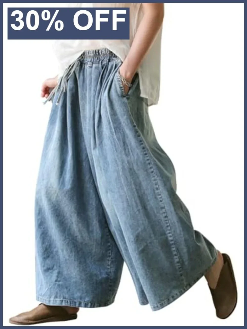Wide Leg Baggy Jeans Plus Size High Rise Elastic Waist Denim Pants Deep Pockets